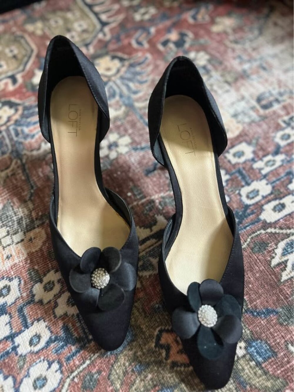 Vintage 90s Y2K LOFT Satin Rhinestone Flower Pumps Black 9.5 Embellished Twee